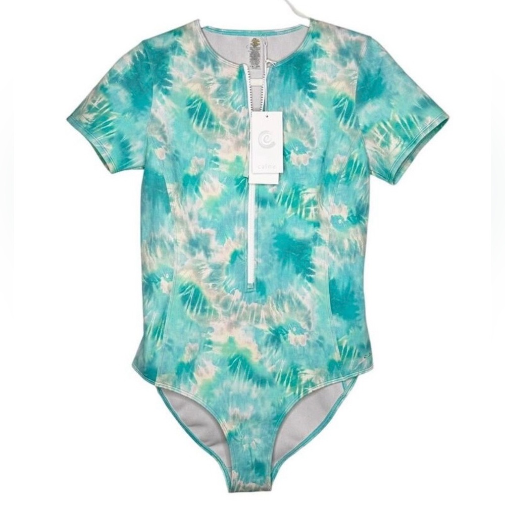 Johnny Was Calme Neoprene One Piece Swim Suit in Aqua Keys Tie Dye XL